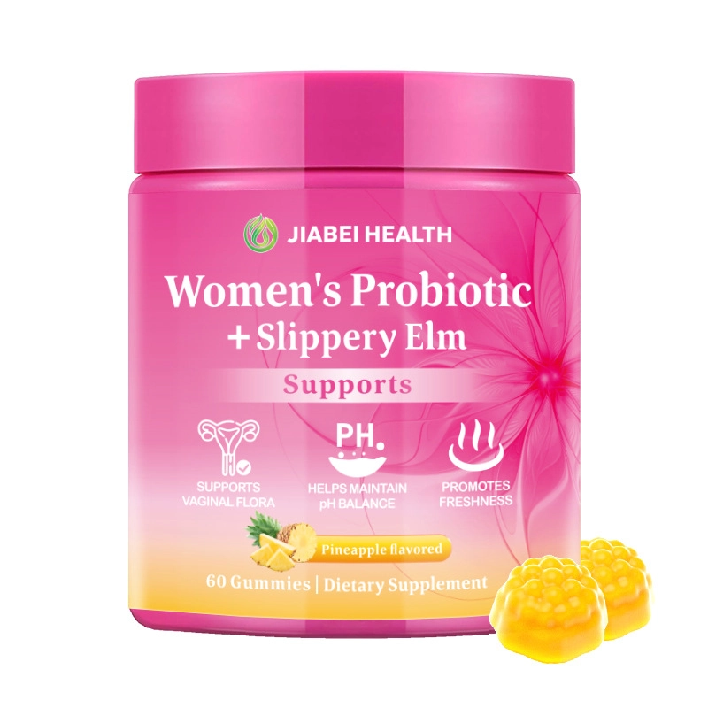 Women’s probiotic gummies with slippery elm, XOS, probiotic blend, pineapple flavor and supplement facts label