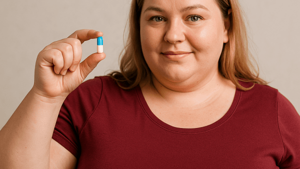 Overweight woman holding a capsule to represent weight management and metabolic support supplements for wellness brands