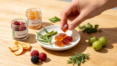Botanical hair gummy samples with plant ingredients during flavor development