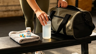 Electrolyte gummies with a water bottle and towel after a light workout