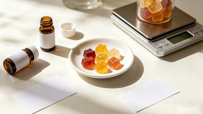 Electrolyte gummy samples on a formulation table with sample bottles