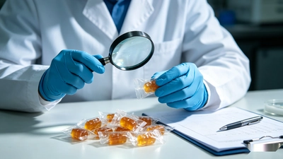 Quality technician checking the weight and appearance of finished supplement gummies