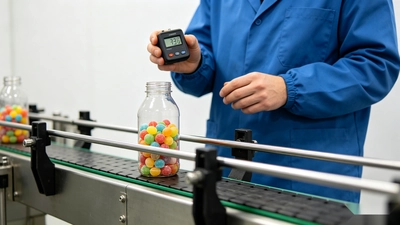 Production worker checking gummy count and bottle capacity during packaging