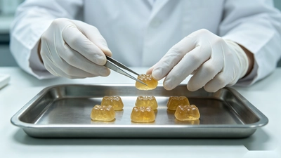 Technician checking gummy texture during supplement manufacturing