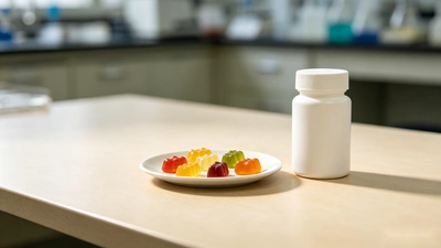 Halal gummy supplement samples on a clean testing tray
