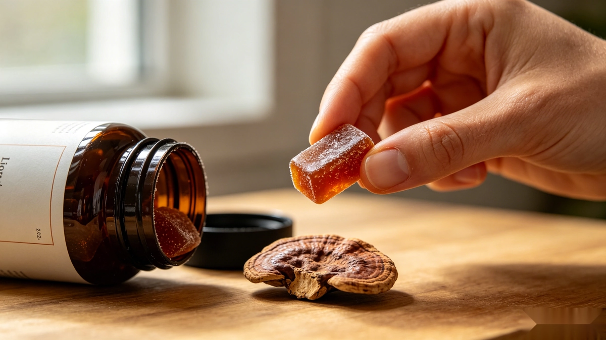 A person checking a mushroom gummy beside an opened bottle to see how long mushroom gummies last