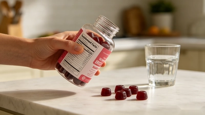 A hand checking the label on a bottle of iron gummies for women on a clean countertop