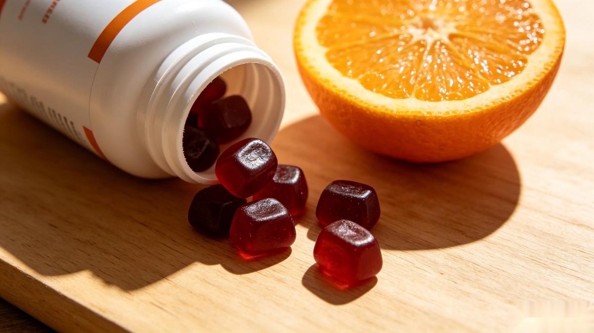 Iron gummies for women in an open supplement bottle with vitamin C fruit on a natural countertop