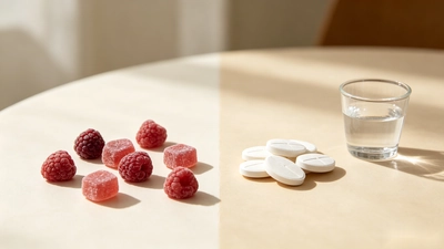 Iron gummies and traditional iron pills compared on a clean white tabletop