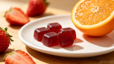 Iron gummies beside orange slices and berries to represent vitamin C support