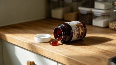 Opened bottle of mushroom gummies stored in a cool, dry cabinet