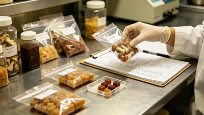 Quality control worker checking mushroom gummies during shelf life testing