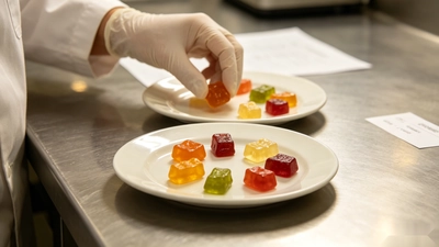 Technician reviewing nutraceutical gummy formula samples before commercial production