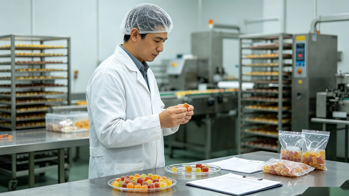 Quality specialist reviewing gummy samples at a nutraceutical gummy manufacturing facility