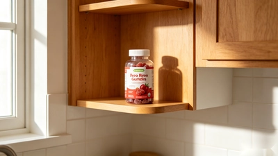 A closed bottle of iron gummies stored safely on a high kitchen shelf