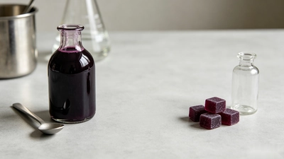 Elderberry syrup with a measuring spoon beside elderberry gummies on a clean work surface