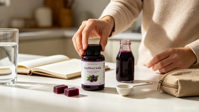 Elderberry syrup and gummies arranged in a simple everyday kitchen setting
