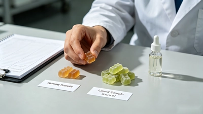 Factory sample review of herbal gummies for taste, color, texture, and stability before mass production.