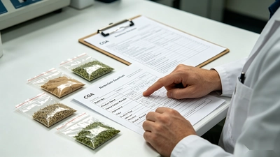 Factory quality control review of herbal raw material COA documents and botanical powder samples before production.