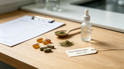 Herbal supplement capsule, gummy, powder, and liquid samples prepared for dosage form review in a factory.