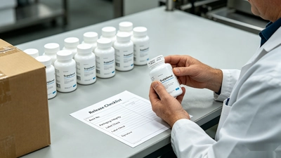 Quality control inspection of herbal supplement bottles, labels, batch numbers, and release documents before shipment.