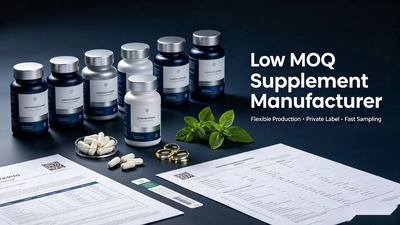 Different bottle counts and label versions prepared for one low MOQ supplement formula