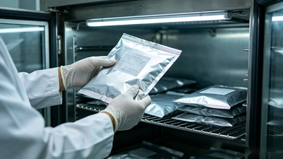 Probiotic culture being removed from temperature-controlled storage at a supplement manufacturing facility