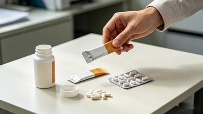 A natural product development scene showing three unbranded probiotic supplement packaging options on a simple meeting table: one capsule bottle, one foil stick pack and one small blister pack. A product developer’s hand is casually picking up one of the samples. Soft daylight, realistic materials, slightly imperfect arrangement, quiet B2B working atmosphere, minimal commercial photography. No readable text, no logos, no diagrams, no medical symbols, no excessive props.