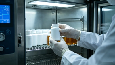 Quality employee placing probiotic capsules into a stability testing chamber