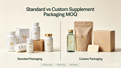 Standard supplement bottle and custom packaging samples reviewed for a small production order