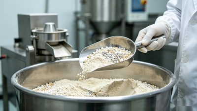 Technician inspecting supplement granules before tablet compression
