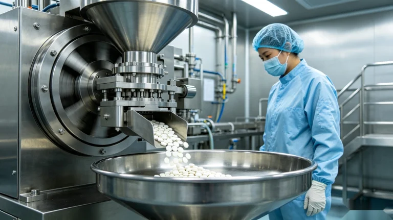 Tablet press producing dietary supplement tablets during a commercial manufacturing run