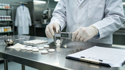 Technician measuring dietary supplement tablet thickness during formula feasibility review