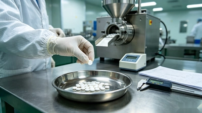 Quality technician inspecting tablets during a supplement trial compression run