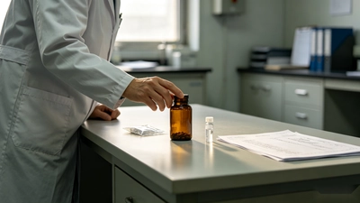 Quality staff reviewing a supplement batch sample and production documents