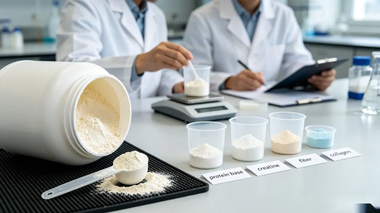 All in one protein supplement powder and ingredients on a formulation bench