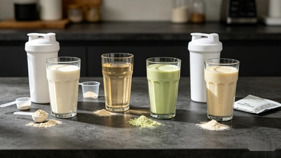 Different all in one protein supplement formats including whey, clear and plant-based protein shakes