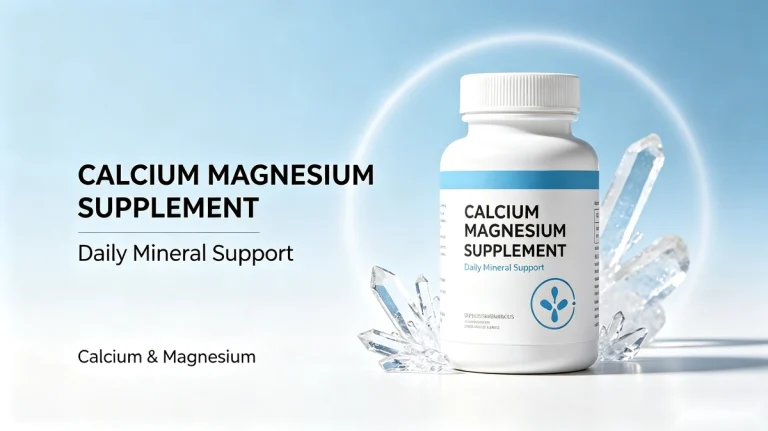 Calcium magnesium supplement bottles with labels showing different mineral forms and serving amounts
