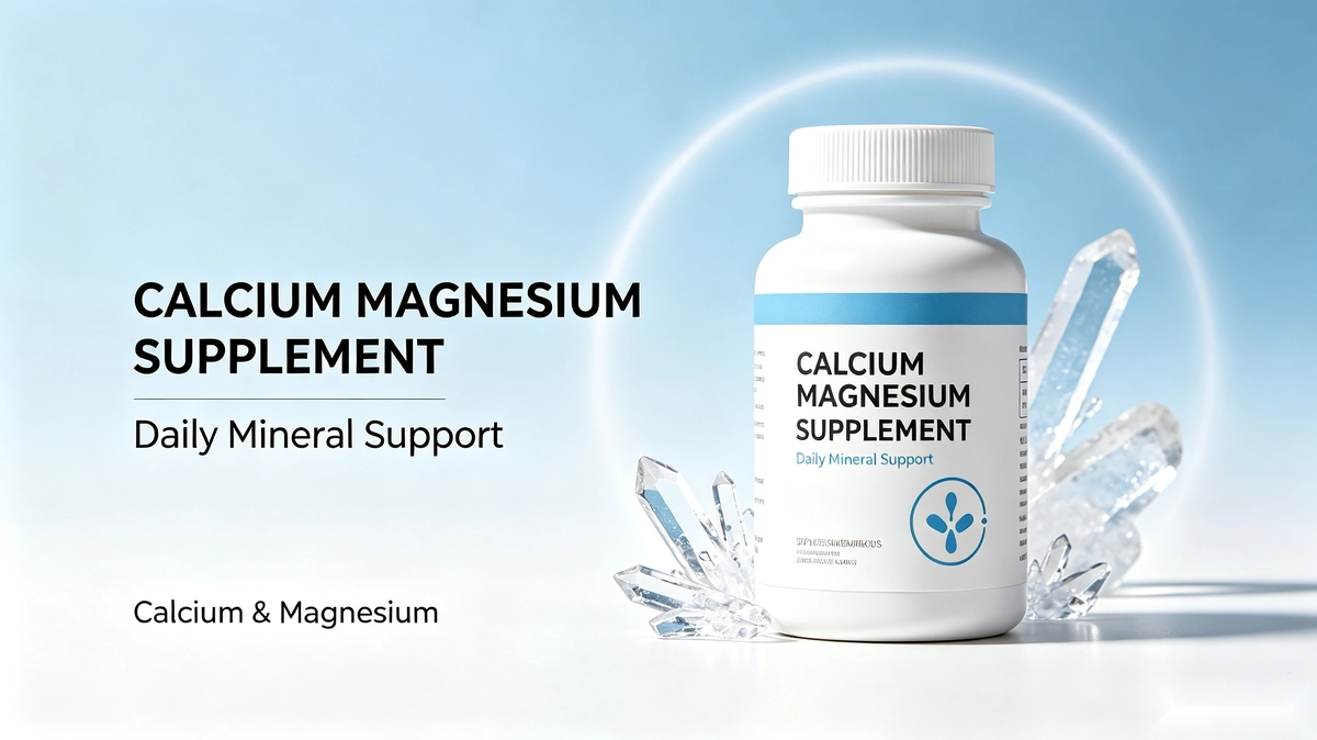 Calcium magnesium supplement bottles with labels showing different mineral forms and serving amounts