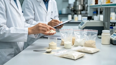 Technician developing a custom all in one protein powder formula in a supplement facility