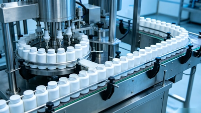 Private label supplements moving through a production and packaging line