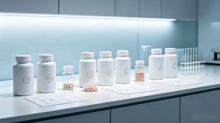 Private label supplement samples on a factory worktable