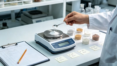 Powder supplement ingredients being weighed during protein formula development