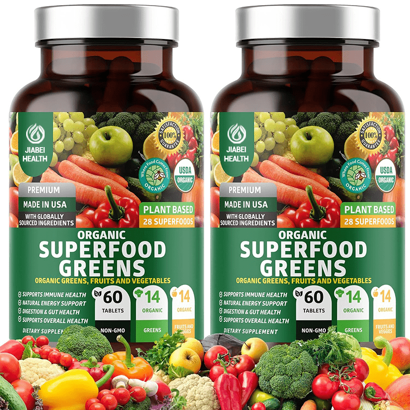 Front label: Jiabei Health Organic Superfood Greens tablets - 60ct, non-GMO, plant-based blend for immune, gut & energy support