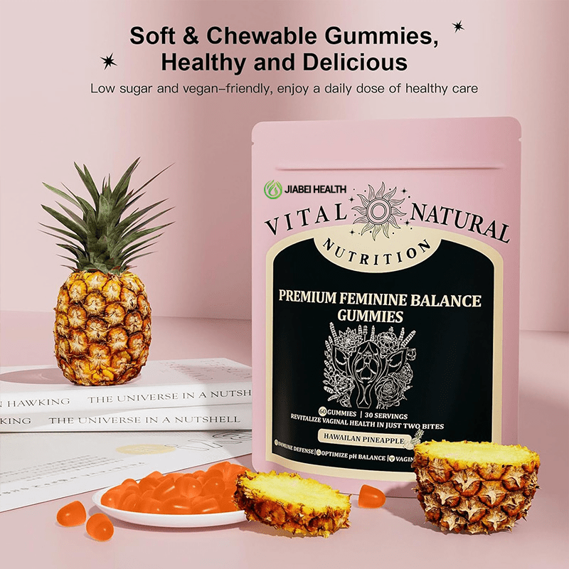 Vegan-friendly intimate health gummies with Hawaiian pineapple flavor, soft chew texture
