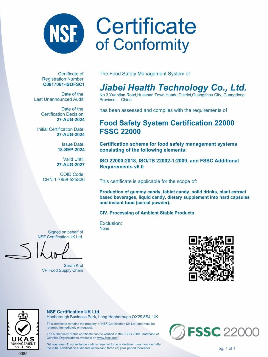JiaBei Health's FSSC 22000 Food Safety System Certification, demonstrating our commitment to global food safety standards and quality for nutraceutical manufacturing.