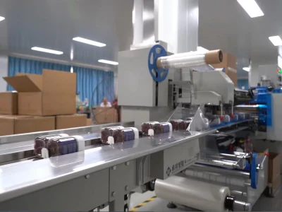 Automated dietary supplement bottles moving through a packaging line in a clean factory