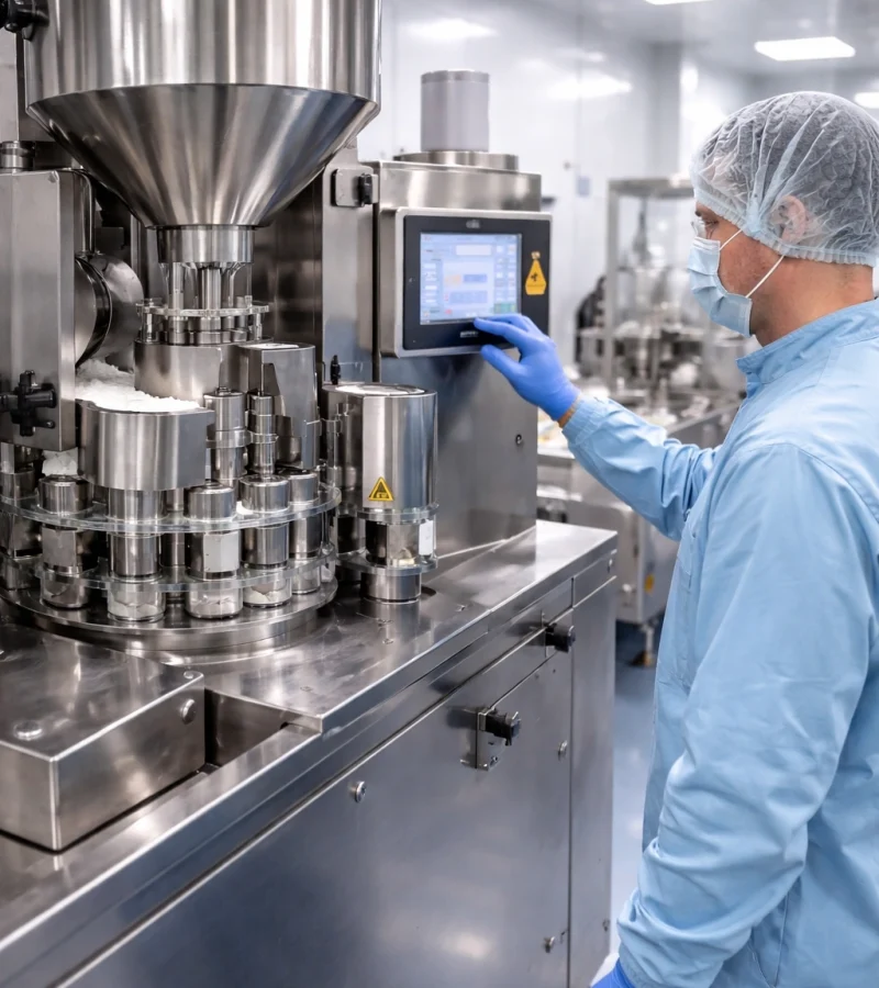 capsule supplement manufacturing machine operated by technician in GMP cleanroom
