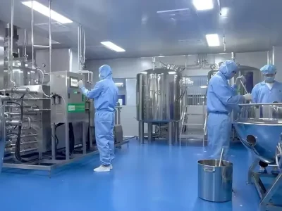 GMP cleanroom dietary supplement manufacturing process with stainless steel mixing equipment