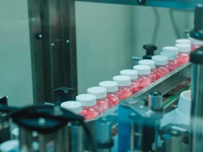 Automated gummy supplement manufacturing line with bottles moving on conveyor during production